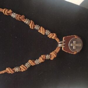 Leather Silver Cross  Pendant